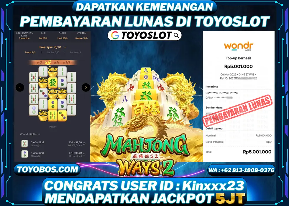 TOYOSLOT - BUKTI KEMENANGAN JACKPOT Mahjong Ways 2 Rp5,001,000,- LUNAS